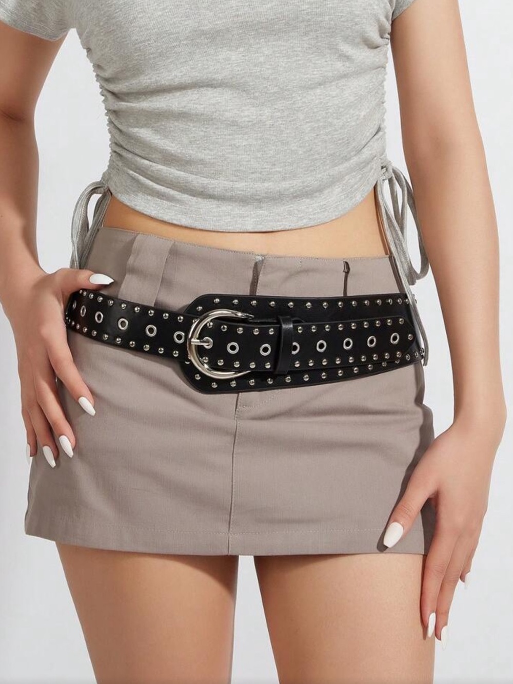 Black Studded Wide Leather Belt with Antique Silver Buckle